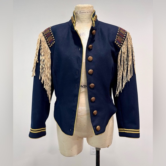 Vintage Jackets & Blazers - VTG 1990s Navy Blue Military Style Jacket with Fringe